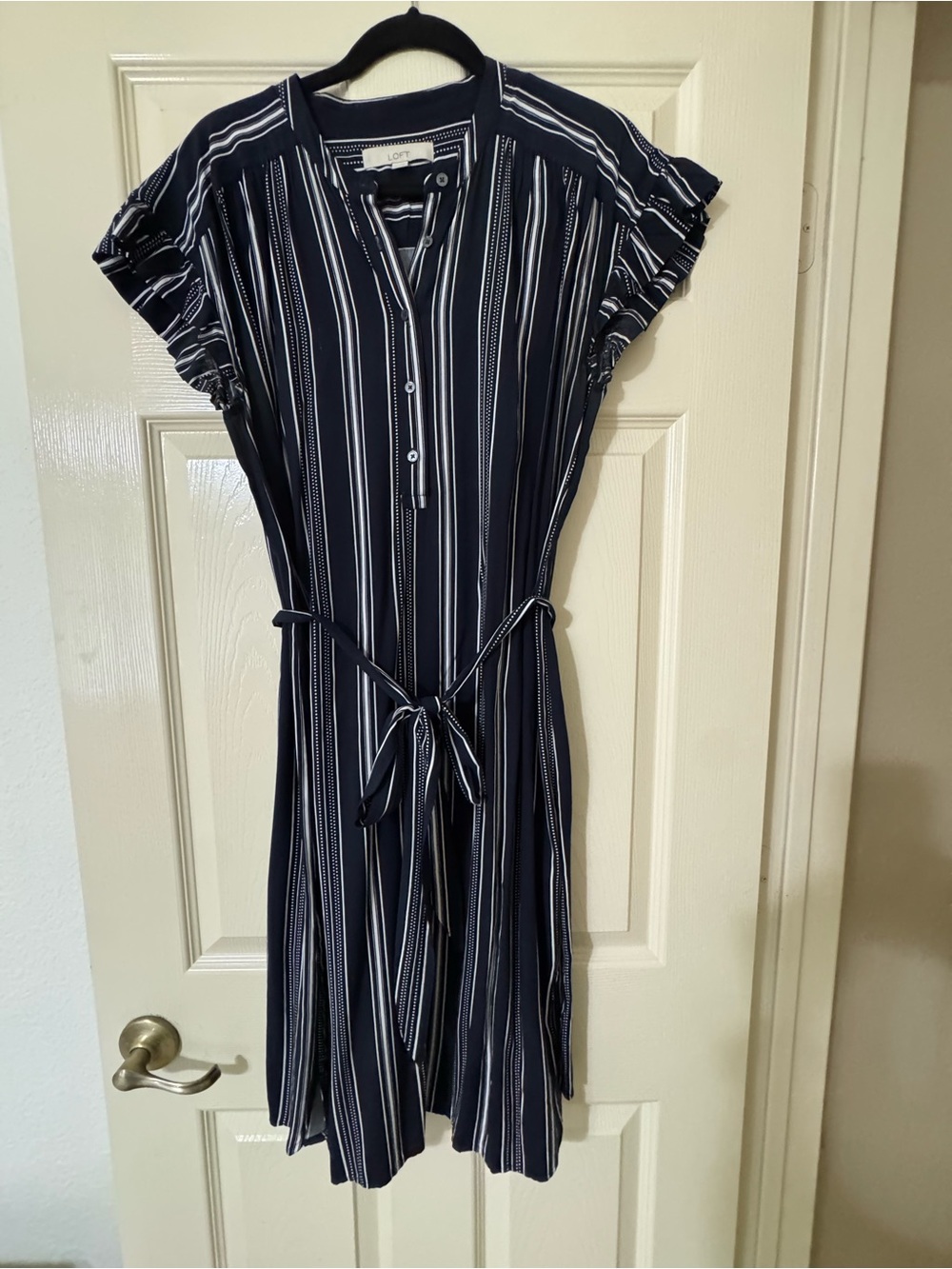 LOFT Navy and White Vertical Stripe Belted Shirt Dress